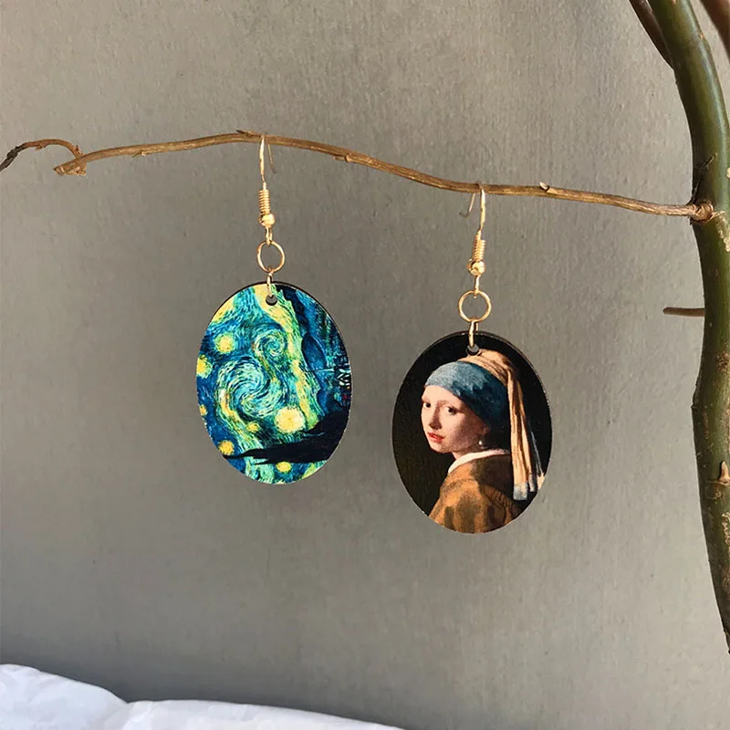 

2019 New Fashion Starry sky Women Earrings Exaggerated Asymmetrical Drop Earrings Van Gogh Creative Painting Pearl Ear Jewelry