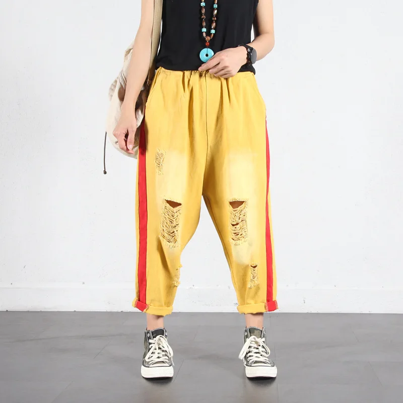 

Baggy Cross Crotch Denim Pants Elastic Waist Streetwear Hip hop Yellow Jeans Europe Boyfriend Ripped Hole Red Cowboy Trousers