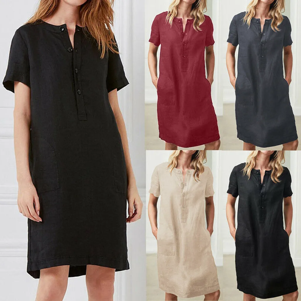 

Womail Solid Color 2019 Button Design Summer Hot Sale Short Sleeve V-Neck Linen Material Plus Size Female New Dress 19MAR11
