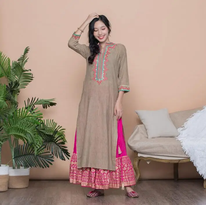 

Woman Fashion Ethnic Styles Print Jacket Cotton India Dress Costume Lady Long Coffee Top