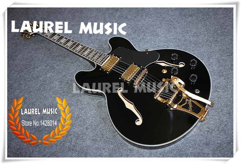 Hot Selling Hollow Body Black Finish ES Electric Guitar With Golden Hardware & Bigsby Tremolo Hot Selling Hollow Body Black Finish ES Electric Guitar With Golden Hardware & Bigsby Tremolo