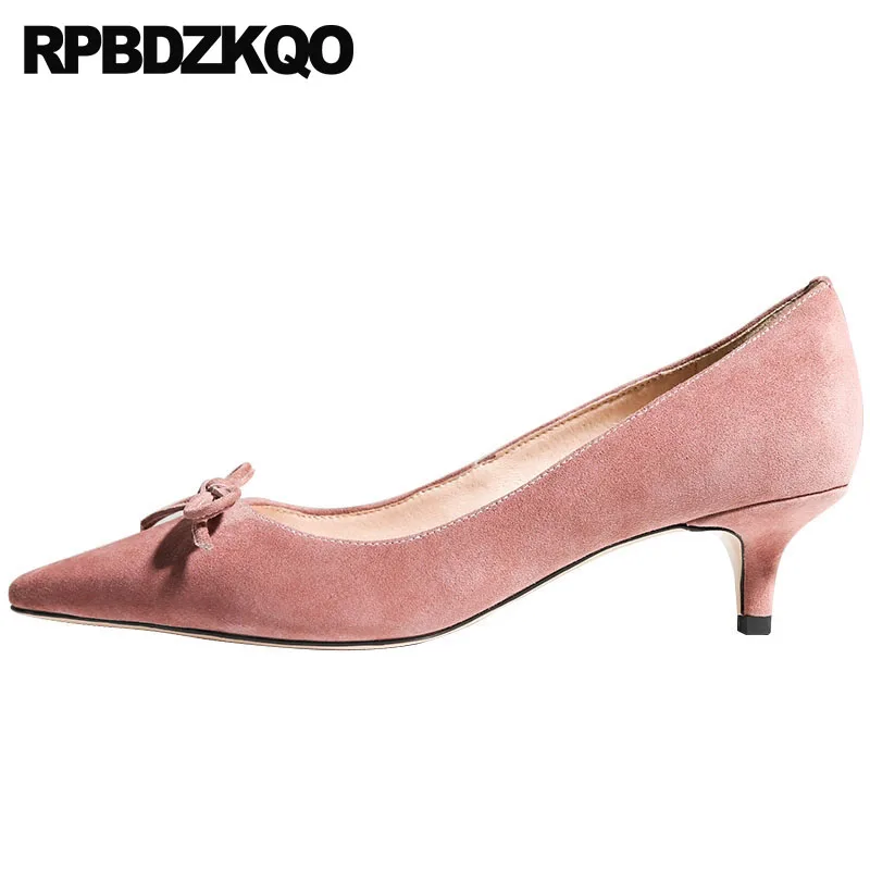 

Size 33 Pointed Toe Thin Pumps Kawaii Genuine Leather 2018 High Heels Pink Shoes Women Medium 4 34 China Suede Kitten Cute Bow