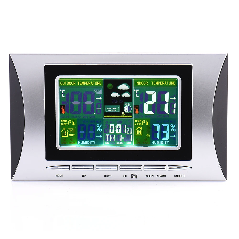 

Home Wireless Weather Station Colorful LCD Digital In/Outdoor Temperature Humidity Snooze Alarm Clock Weather Forecast Meter
