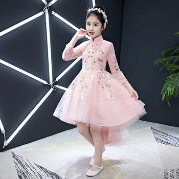 

2019Spring New Kid Girls Elegant Chinese Style Embroidery Flowers Princess Lace Dress Children Cheongsam Princess Birthday Dress