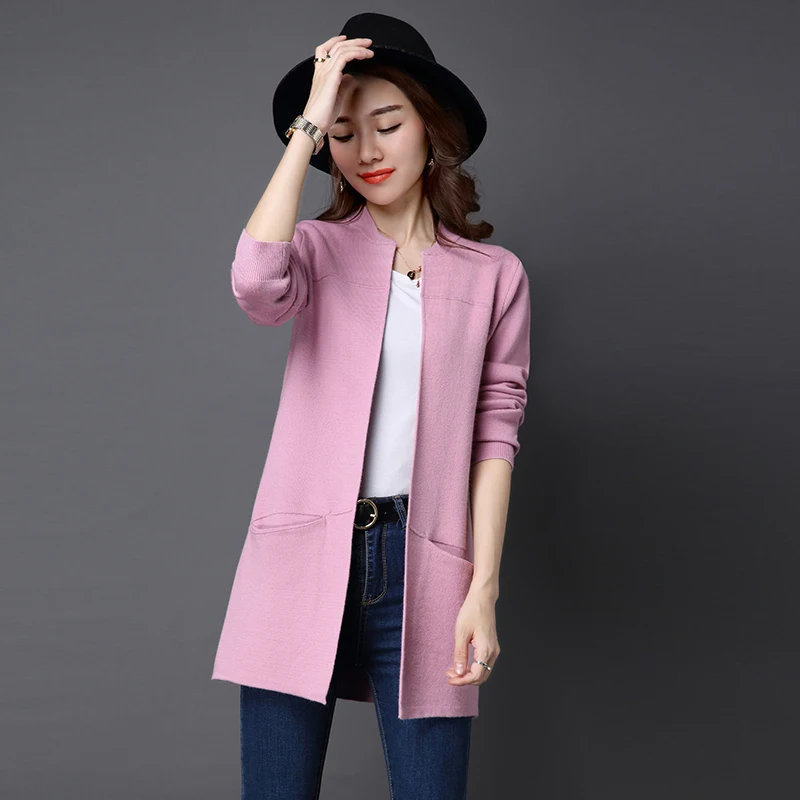 PEONFLY, новинка, женский осенний зимний свитер,, длинный кардиган, корейский, тонкий, с карманами, свободный, вязаный свитер, верхняя одежда, пальто, джемпер - Цвет: Pink