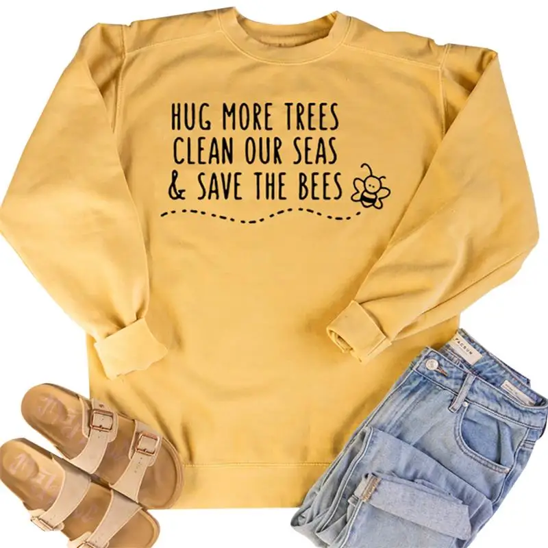 

Graphic Sweatshirt Women Hug More Trees Letter Printed Long Sleeve Loose Pullover Brand New Fashion Casual Street Sweatshirt
