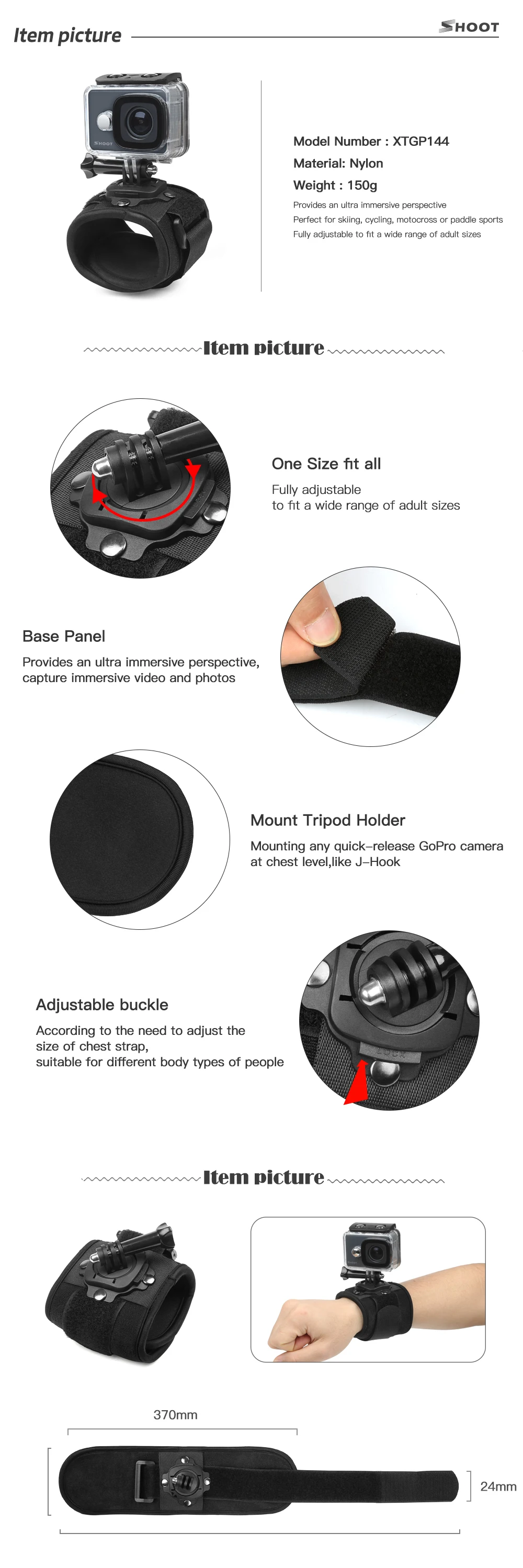 SHOOT 360 Degree Rotation Hand Wrist Strap Mount for GoPro Hero 6 5 144