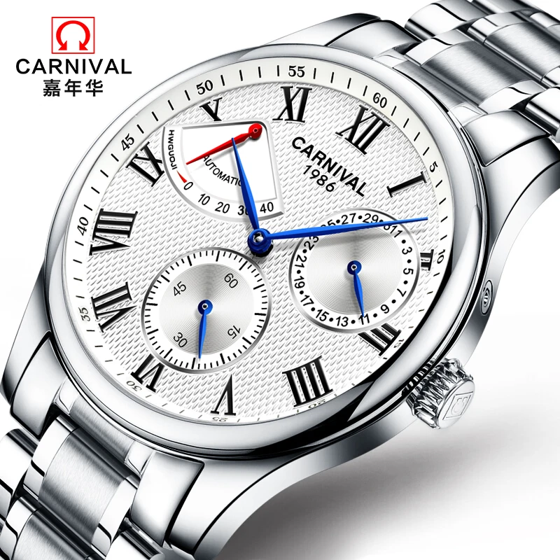 

Carnival Men Automatic Watch Energy Display Brief Small Seconds Dial Date Luxury Mechanical Watch
