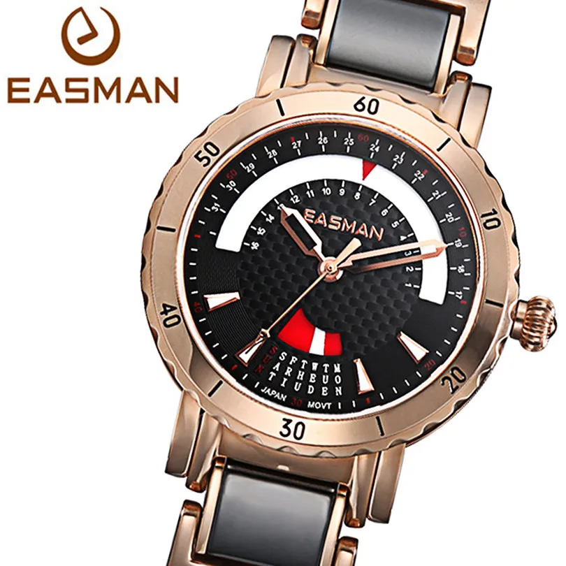 EASMAN Women Watch Black Ceramic Watch Calendar Braceletr Quartz Watch Rose Gold Wristwatches Clock Fashion Casual