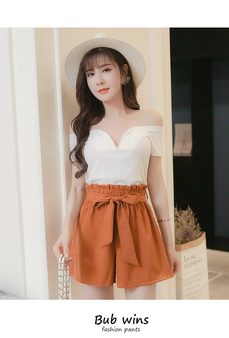 Summer Fashion Women Shorts High Waist Brown Chiffon Shorts Female Bow Elastic Waist Wide Leg Shorts Ladies Cortos Mujer 2018 (3)