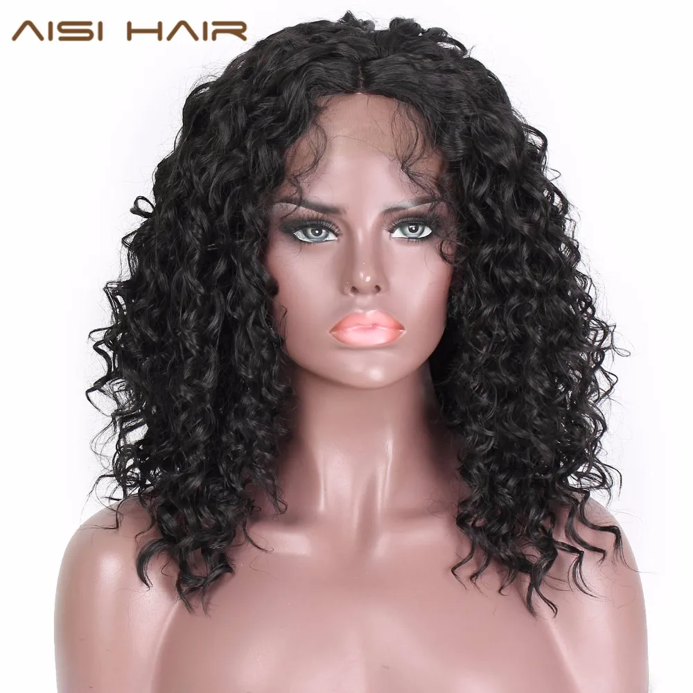 AISI HAIR 16 Inches Long Afro Kinky Curly Wig Natural Synthetic Front Lace Wigs for Women Black Color Hair Heat Resistant
