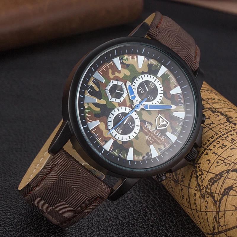 

YAZOLE Mens Watches Top Luxury Brand Leather Camouflage Army Watch Men Fashion Sports Waterproof Wristwatches Relogio Masculino