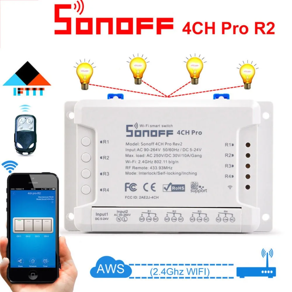 

HIPERDEAL SONOFF 4CH Pro R2 433MHz WiFI Smart Switch 3 Working Modes Support Google Home 4.18