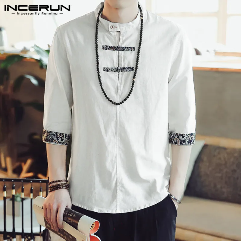 Kopen INCERUN 2019 Chinese Stijl Heren Shirts Casual Stand Kraag 3 4 Mouwen Button Shirt Mannen Katoen Etnische Camisa Masculina Plus Size