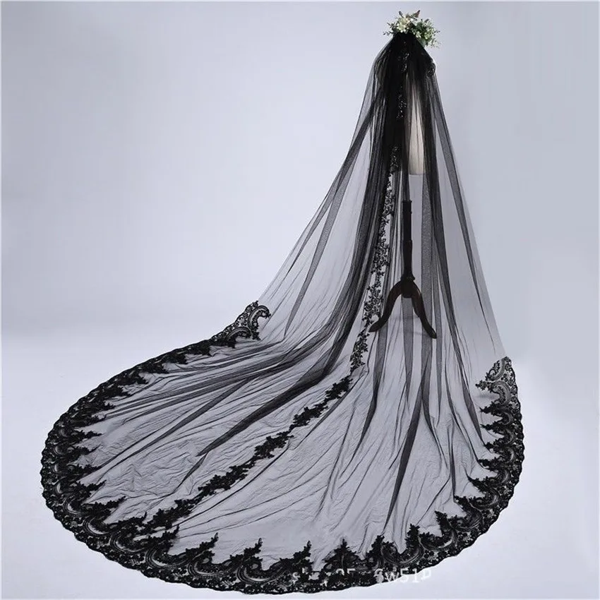 

Black Cathedral Bridal Wedding Veils 3 Metres Tulle With Comb Appliques edge Veil voile de Mariage Noir velo de novia Longue