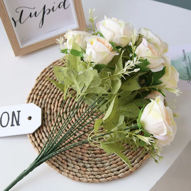 Flone High Quality Silk 12 Head Rose Bouquet Fake Flowers Artificial Flowers Tea Rose Wedding Living Room Decoration Accessories (2)