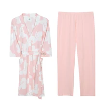 Халат+ брюки 2 шт. хлопок модал женские пижамы наборы сексуальный халат Весна Лето женский халат для спа цветочный китайский кимоно m-xxxl