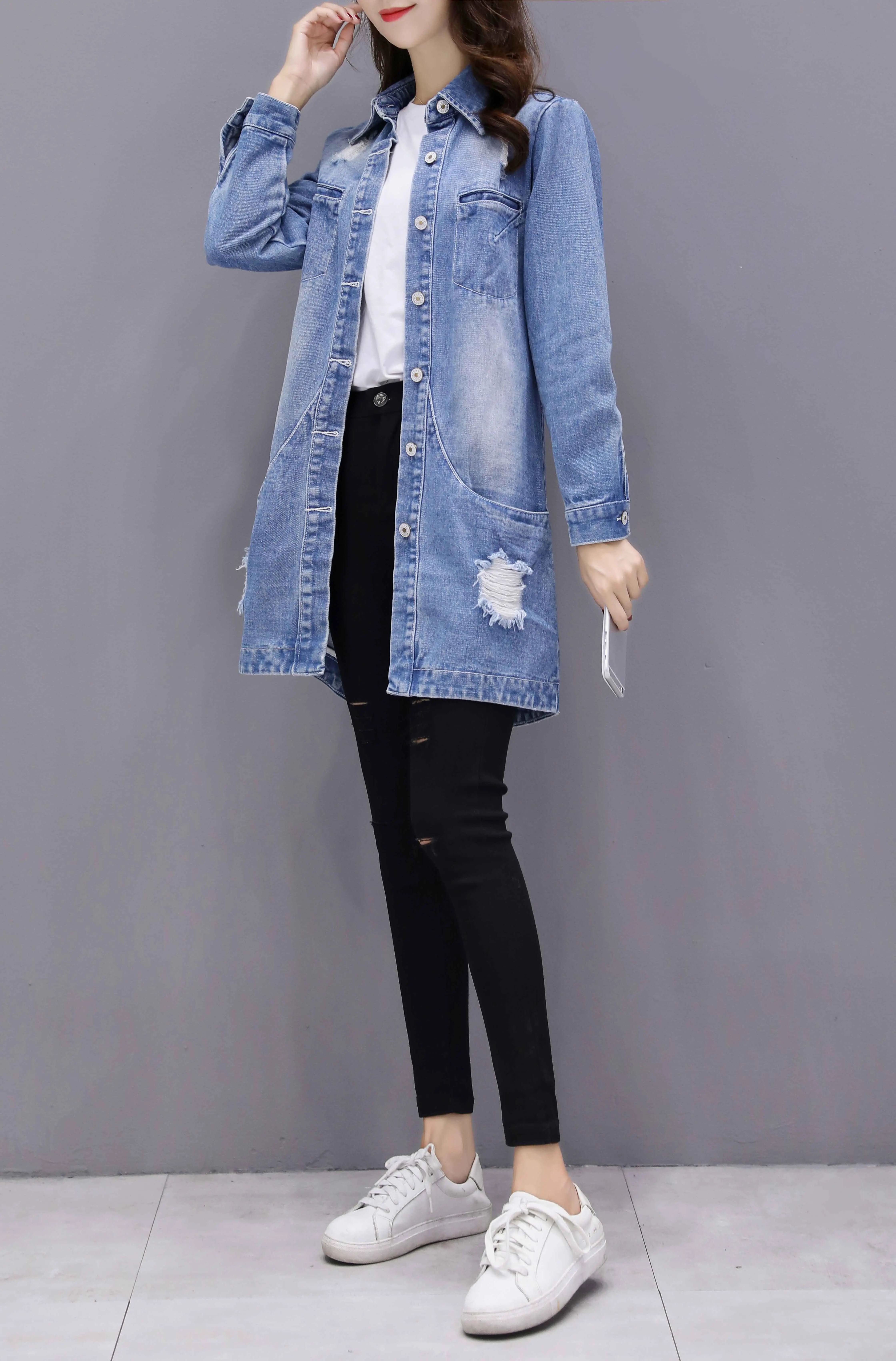 RU زائد حجم 5XL الدينيم الستر المرأة حفرة طويلة الأكمام خمر جان سترة الدنيم فضفاضة الربيع الخريف الدنيم معطف