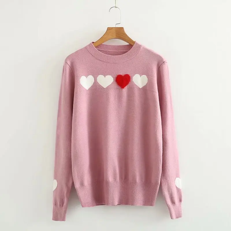 LUNDUNSHIJIA, Модный женский вязаный свитер, Женский вязаный пуловер, для девушек, подходит ко всему, с рисунком сердца, свитер с длинными рукавами - Цвет: Розовый