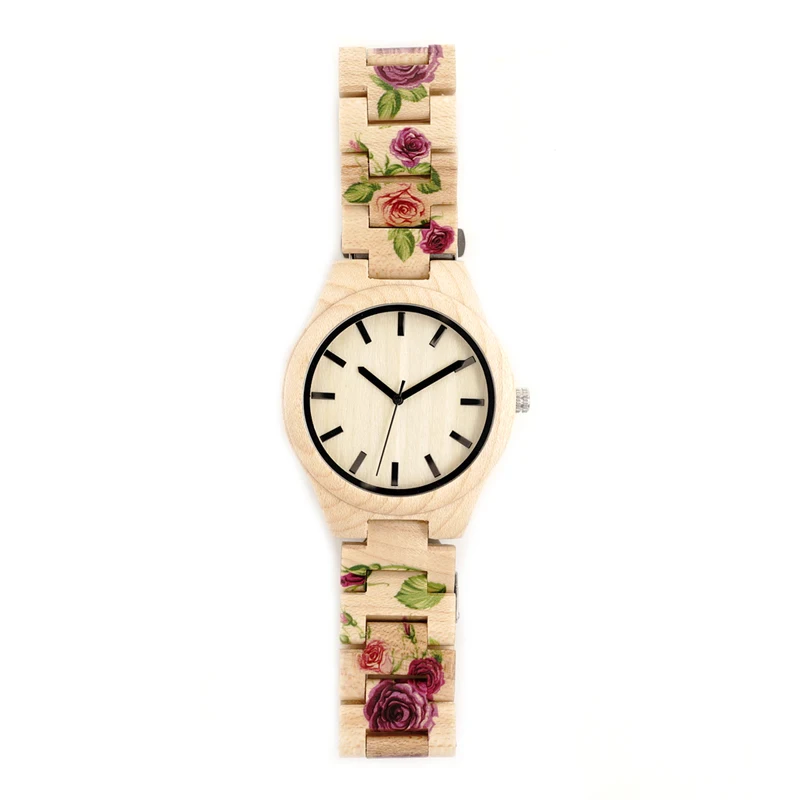 BOBO BIRD V-L26 UV Tech Rose Flower Print Maple Wood Wristwatch Mens Brand Designer Quartz Watch with wooden Strap in Gift Box