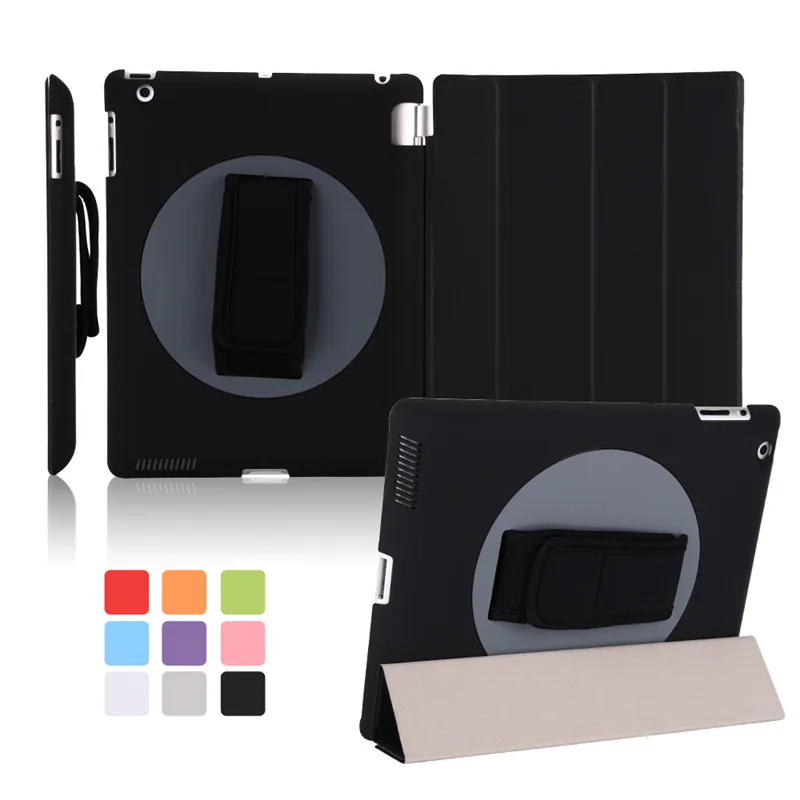 

360 rotating cover for apple ipad 2 3 4 case, handheld rotary adjustable hand strap 9.7 inch magnetic smart wake up sleep case