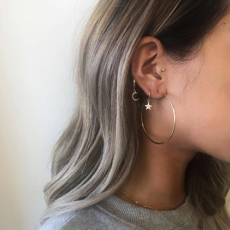 

5 Pcs/ Set Female Classic Inlaid Crystal Gem Party Gold Pendant Earrings Fashion Stars Moon Round Stud Earrings Set Combination