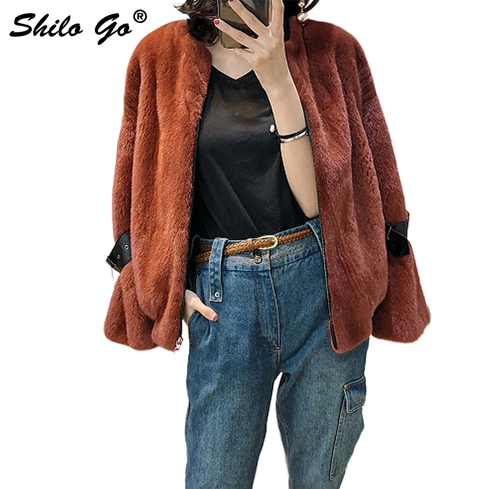 

Fur Coat Womens Winter Fashion whole real Mink Fur Short coat V Neck Puff sleeve Brown motorcycle jacket