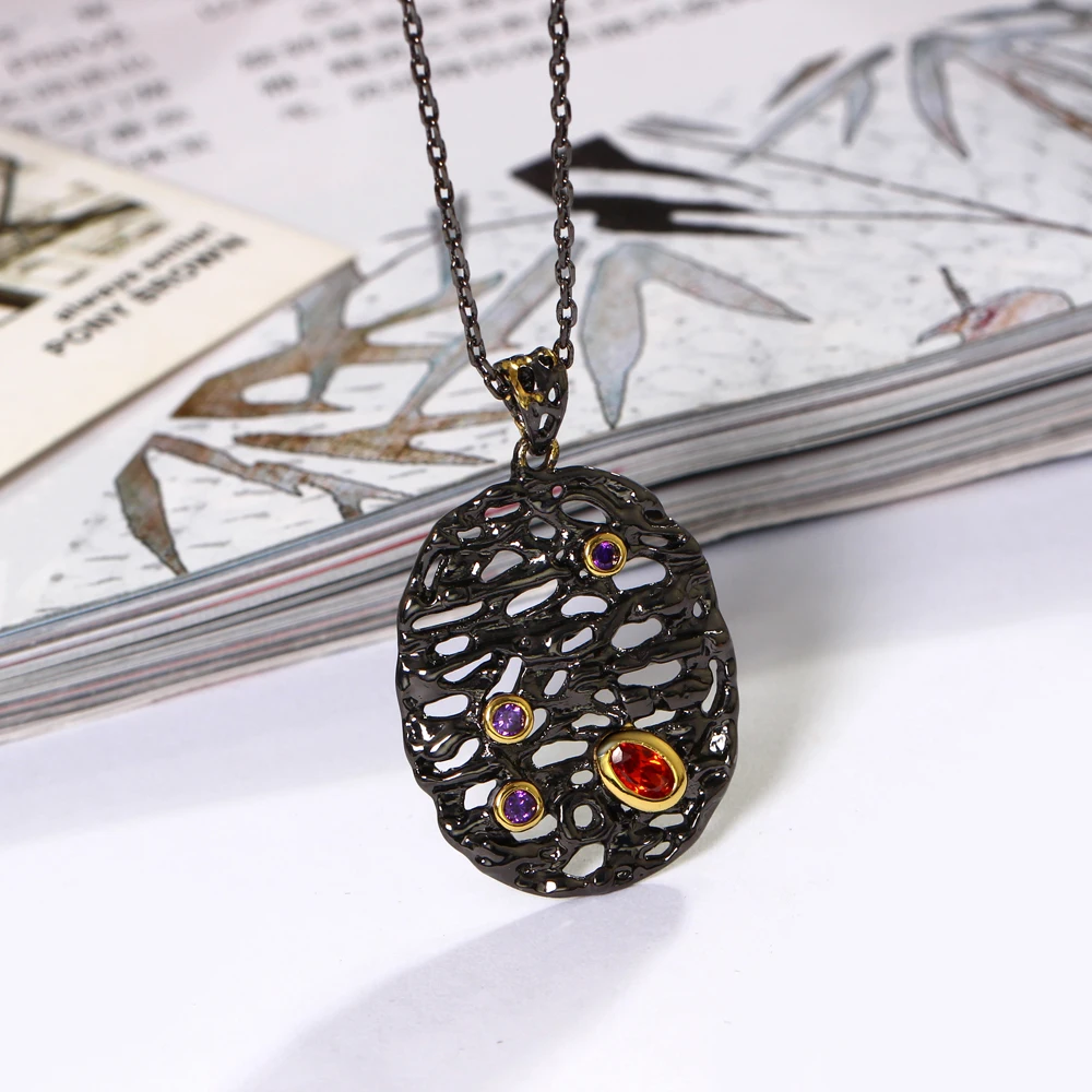 DreamCarnival1989 Neo-Gothic Long Necklace for Women Big Oval Hollow Egg Pendant Red Purple CZ Collier Bijoux Black Gold Color