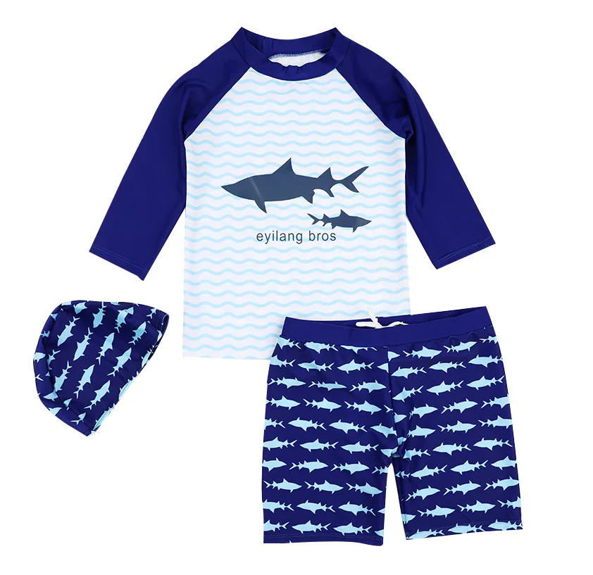 Милый купальный костюм для мальчиков костюмы из 3 предметов детская одежда для купания с принтом акулы и шапочкой купальный костюм Пляжная одежда для От 1 до 12 лет, S75801