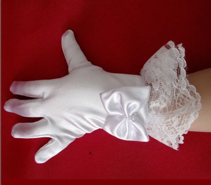 Kid child flower girl white short gloves white student lace glove