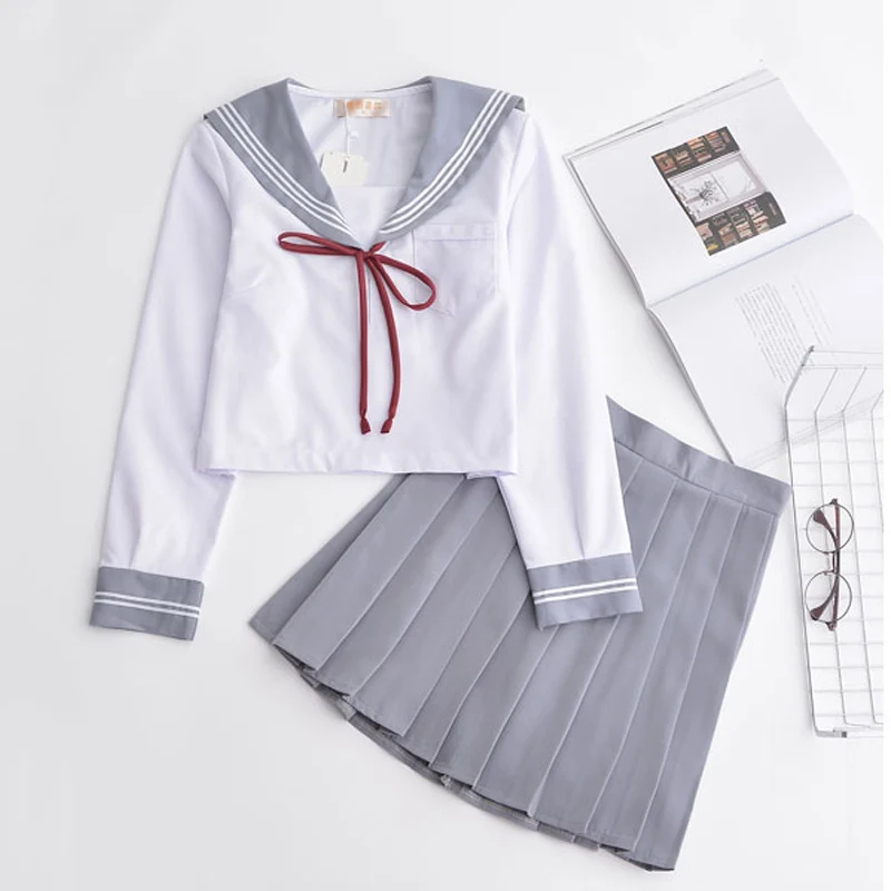 Japanese Harajuku Grey School Sailor Uniforms Dress Set For Women Girls