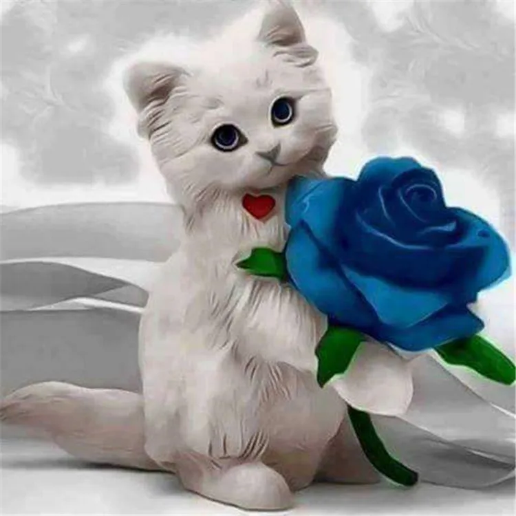 

White cat and blue rose 5D Rhinestone painting crystal Home round DIY Diamond painting cross stitch diamond embroidery