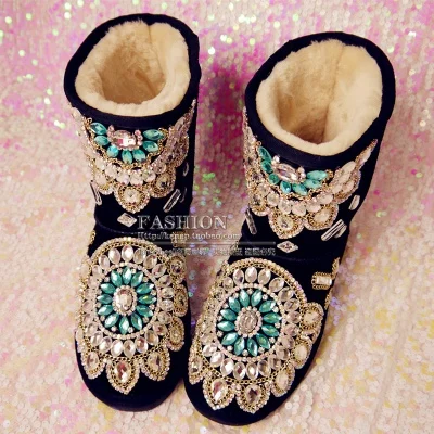 

2015 New Winter Fashion DIY Crystal Snow Boots Women Bling Boots Genuine Leather Women's Warm Diomand Boots with Fur Customized