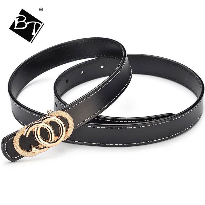 Newest Gold Round buckles genuine leather flat belts female leisure