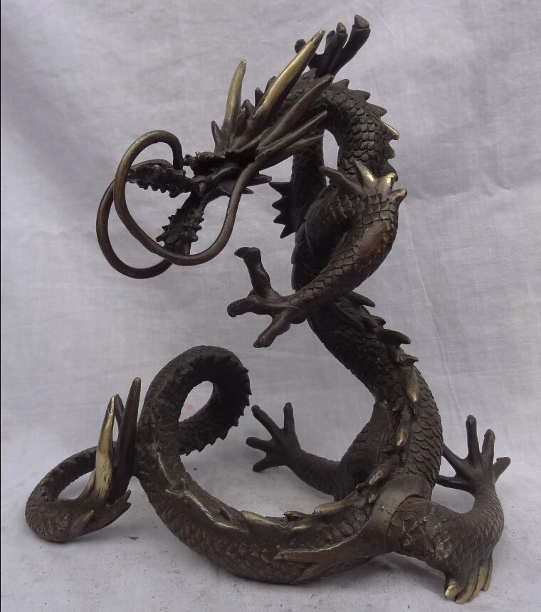 

11" FengShui Chinese Year Zodiac Pure Bronze Wealth Fly Dragon Head Long Statue discount 30%