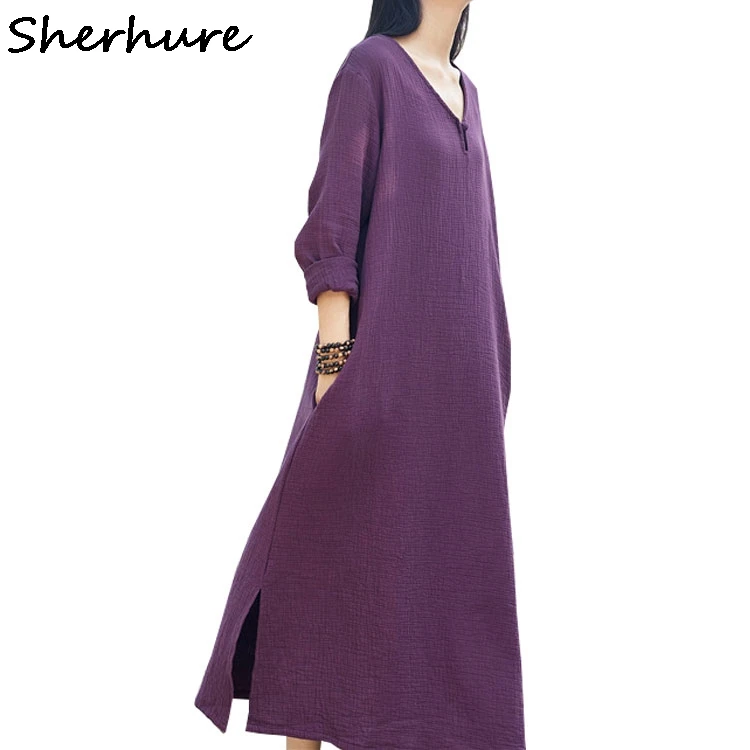 

Sherhure 2018 Women Long Dress Cotton And Linen Vintage Women Dress Vestidos Plus Size V-Neck Oversize Women Maxi Dress White