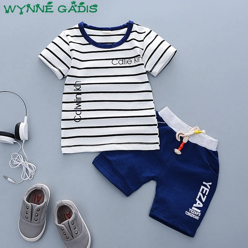 

WYNNE GADIS Summer Boys Striped Letter Short Sleeve T-shirt Tops + Casual Shorts Baby's Sets Cotton Kids Two Pieces Suits