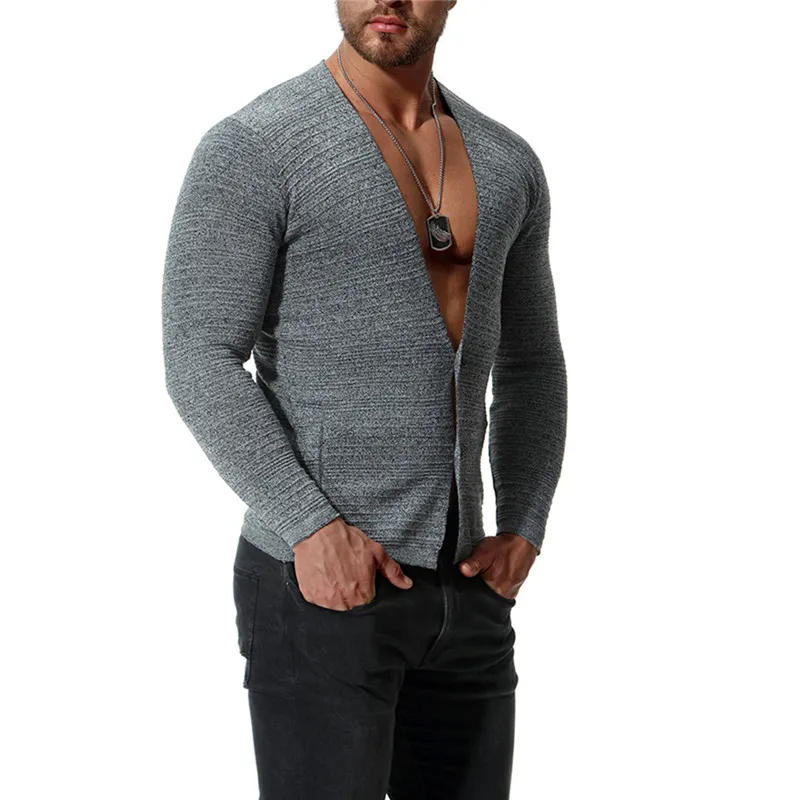 Для мужчин полоса одноцветное Цвет тонкий трикотаж мужской свитер-кардиган Повседневное хлопок v-образным вырезом дна рубашки для мужчин