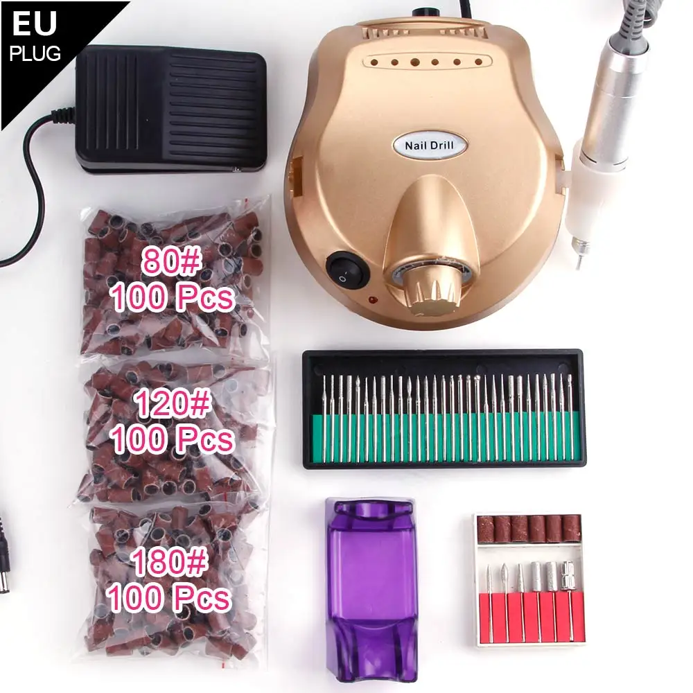 30000 об/мин профессиональный электрический аппарат для сверления ногтей, маникюрные инструменты, набор для педикюра, пилка для дизайна ногтей с ФРЕЗОЙ, шлифовальные ленты, заусенцы - Цвет: Gold EU Plug