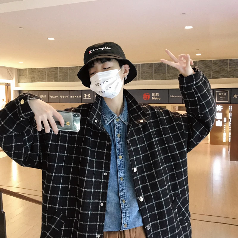 2018 Men's Wool Blends Clothes Lapel Collar Coats Streetwear Brand Jackets Fashion Lattice Printing Windbreaker Plus Size M-2XL 2018 Men's Wool Blends Clothes Lapel Collar Coats Streetwear Brand Jackets Fashion Lattice Printing Windbreaker Plus Size M-2XL