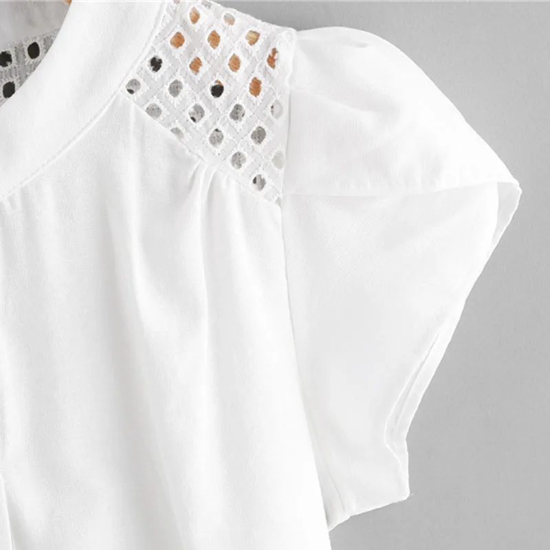 Women Tops Shoulder Hollow Blouse Button Holiday Round Neck Female Shirt White Elegant Office Work Shirts |