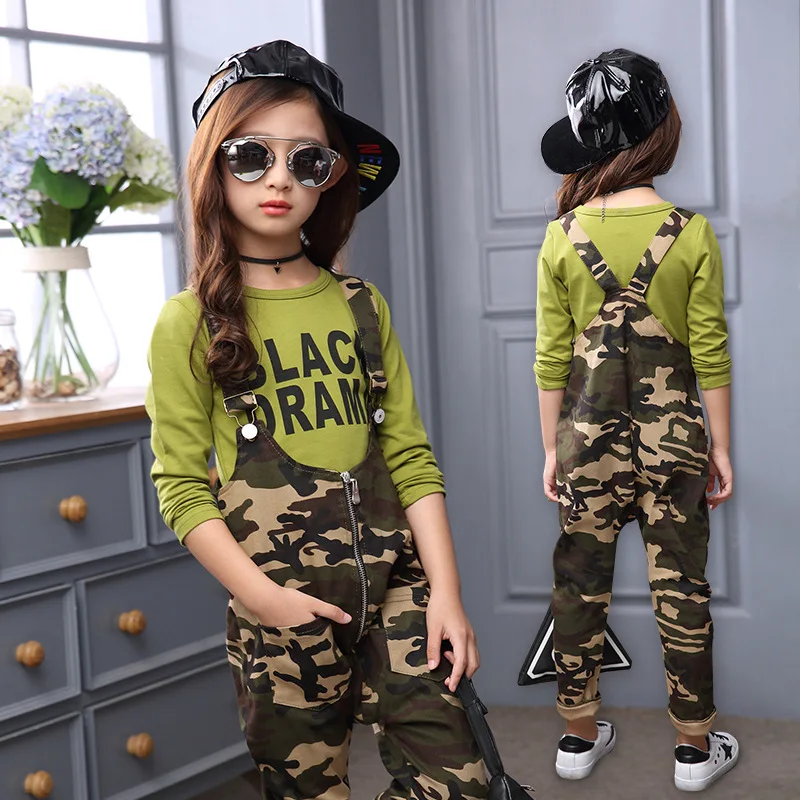 

Kids Clothing Sets Children's Pants Shoulder Straps Girl Rompers Fashion Tshirt+ Pants Autumn Overalls for Girl Camouflage Suit