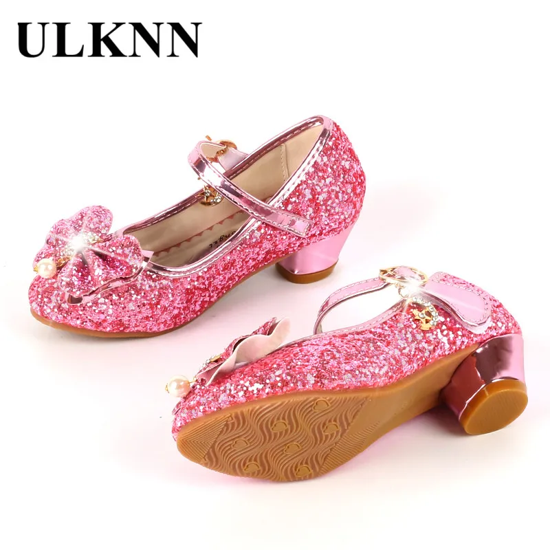 ULKNN Princess Kids Leather Shoes For Girls Flower Casual Glitter Children High Heel Girls Shoes Butterfly Knot Blue Pink Silver 2