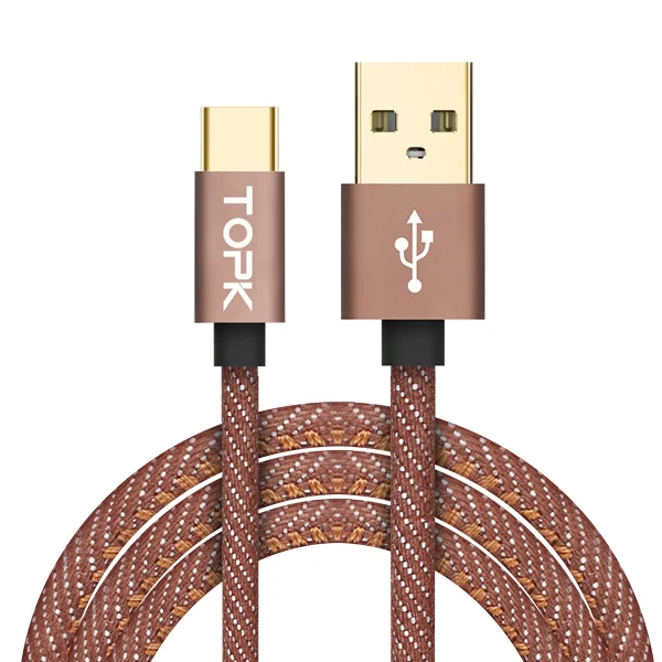 Type-C кабель, TOPK Denim провод USB C позолоченный штекер быстрой зарядки usb type C кабель для MacBook/Xiaomi 4C/Letv/Oneplus - Цвет: brown