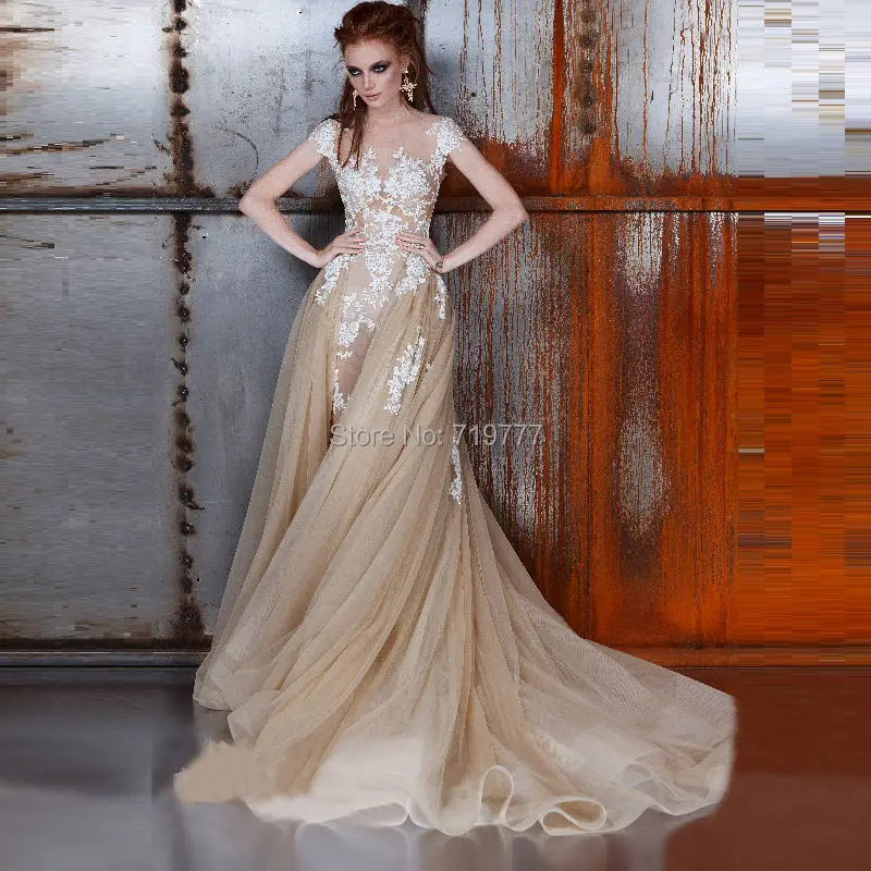 2016 Champagne Wedding Dress with White Lace Detachable