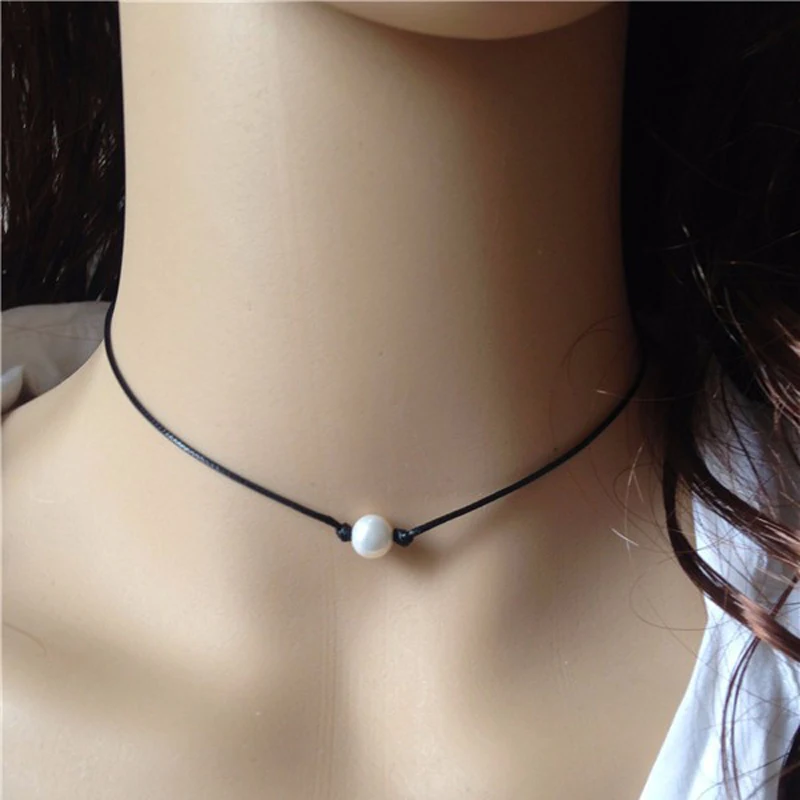 1 Black leather pearl necklace cultured freshwater pearl choker neckless womens jewellery for best friends floating pearl pendant