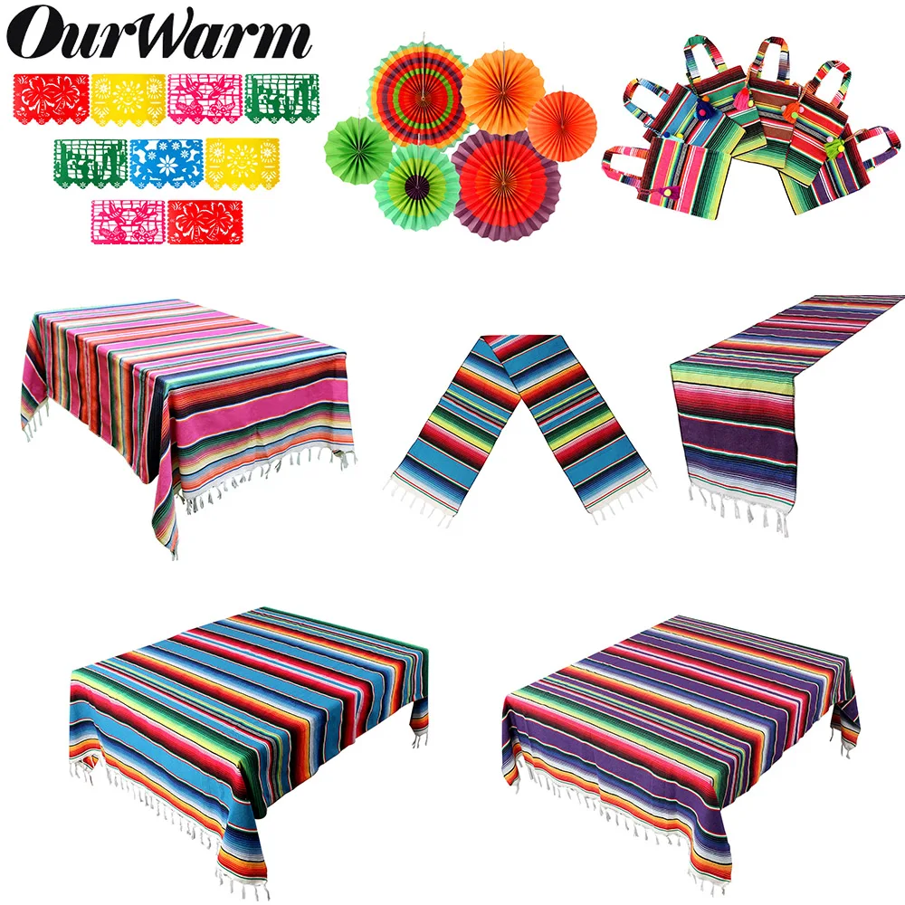 

OurWarm Mexican Party Supplies Serape Cotton Tablecloth Table Runner Felt Banner Paper Fan for Wedding Birthday Party Decoration