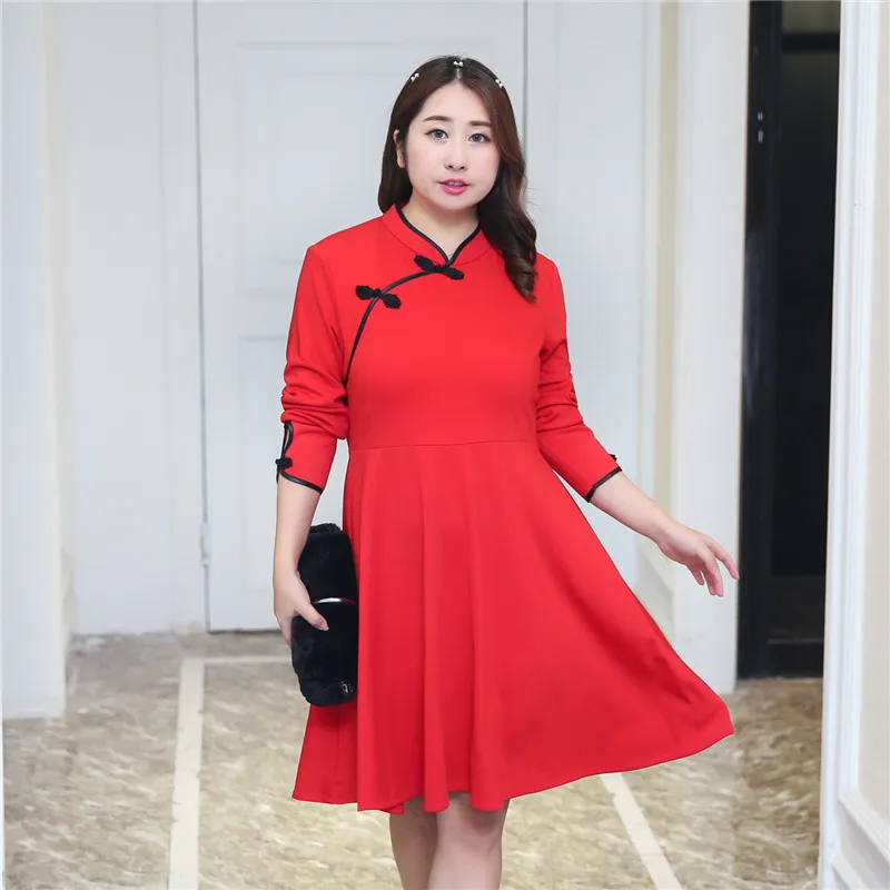 Весеннее платье Чонсам традиционная китайская одежда со стоячим воротником Qipao платья Большие размеры XL 2XL 3XL 4XL красный черный - Цвет: Red