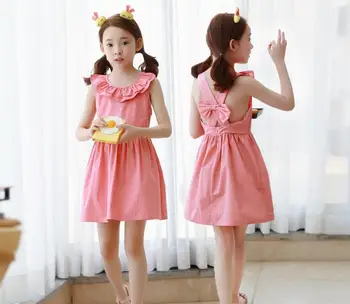 

Girl Dresses Children Backless Bows Princess Party Dress Kids O-neck Ruffles Sleeveless Cotton Pink Color Casual Vest Dress