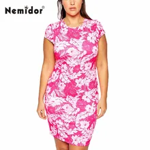 Nemidor 2017 Summer Women Short Sleeve Tropical Floral Sheath Dress Bodycon Plus Size 7XL Retro Print Mini Dress